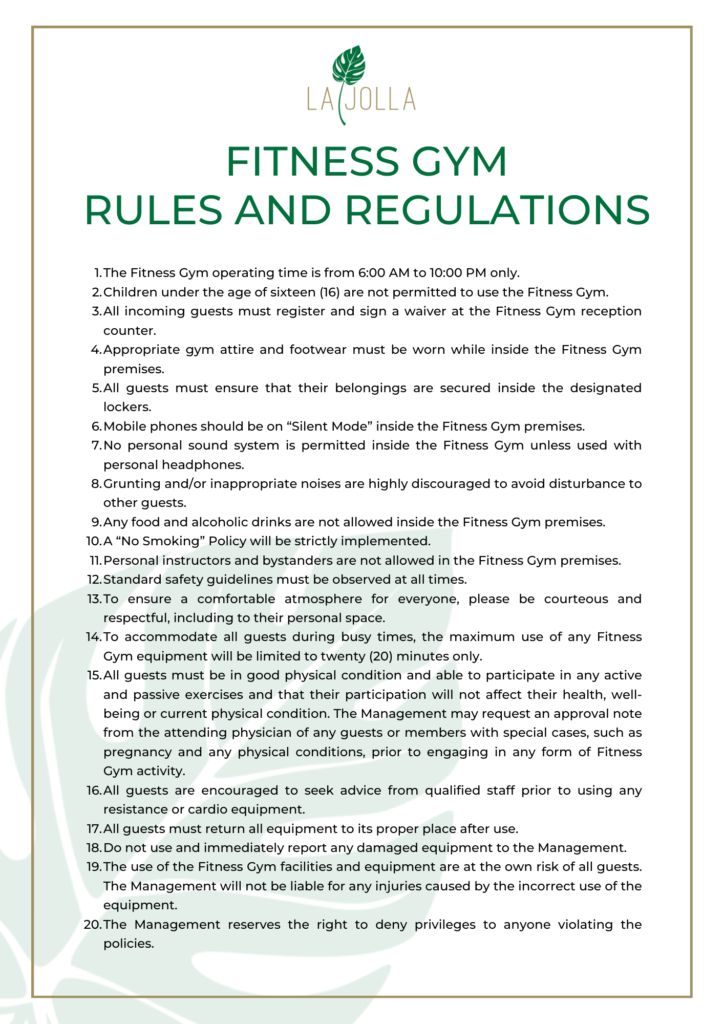La Jolla Luxury Beach Resort Fitness Gym Regulations