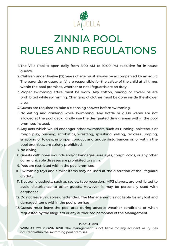 La Jolla Luxury Beach Resort Zinnia Pool Rules and Regulations